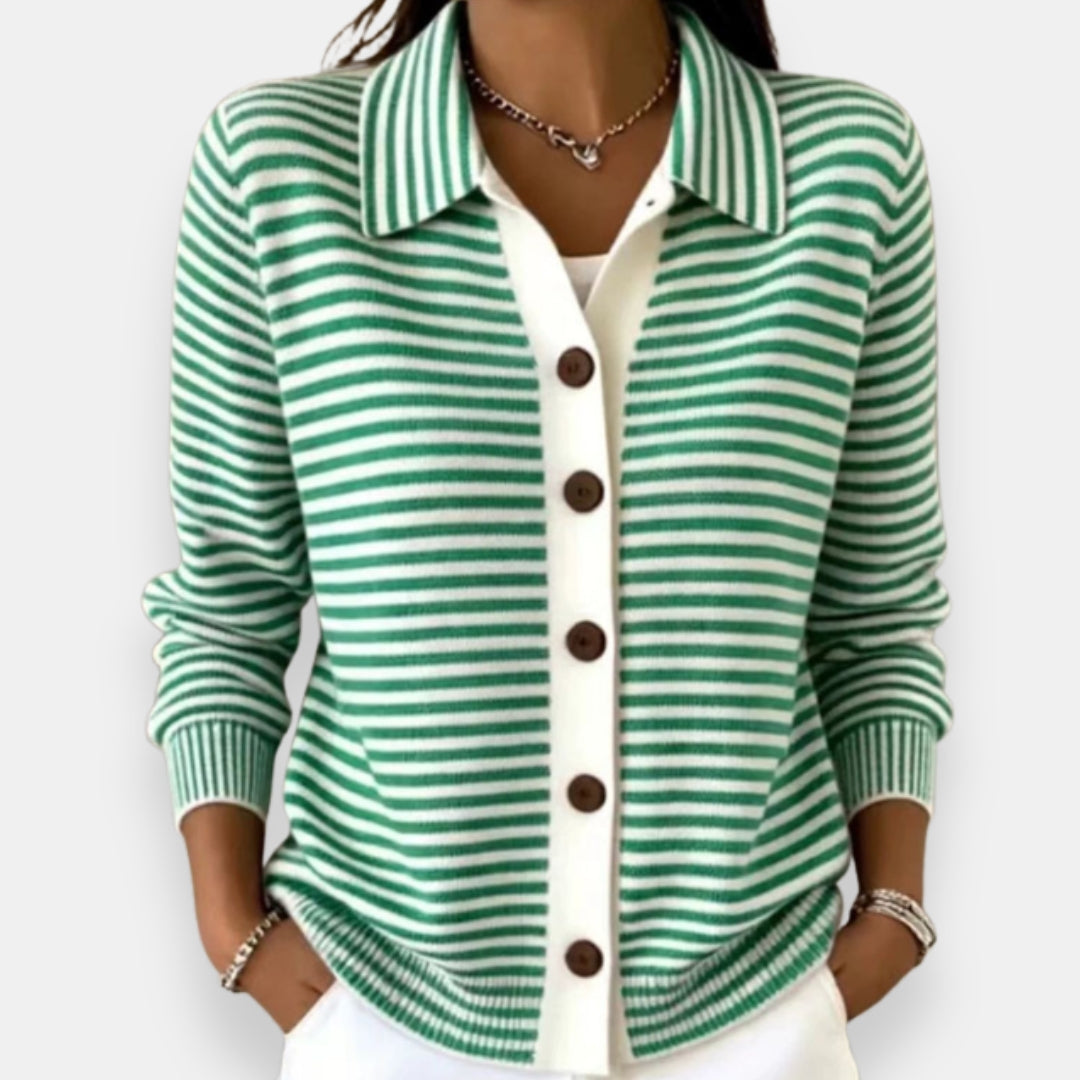 Septima striped collared cardigan in green, front view