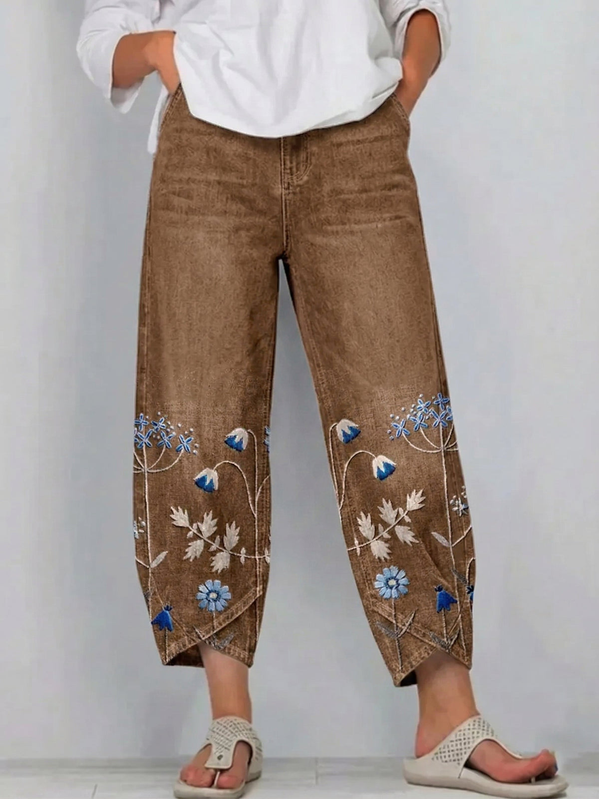 Viola floral comfort trousers in brown, front view