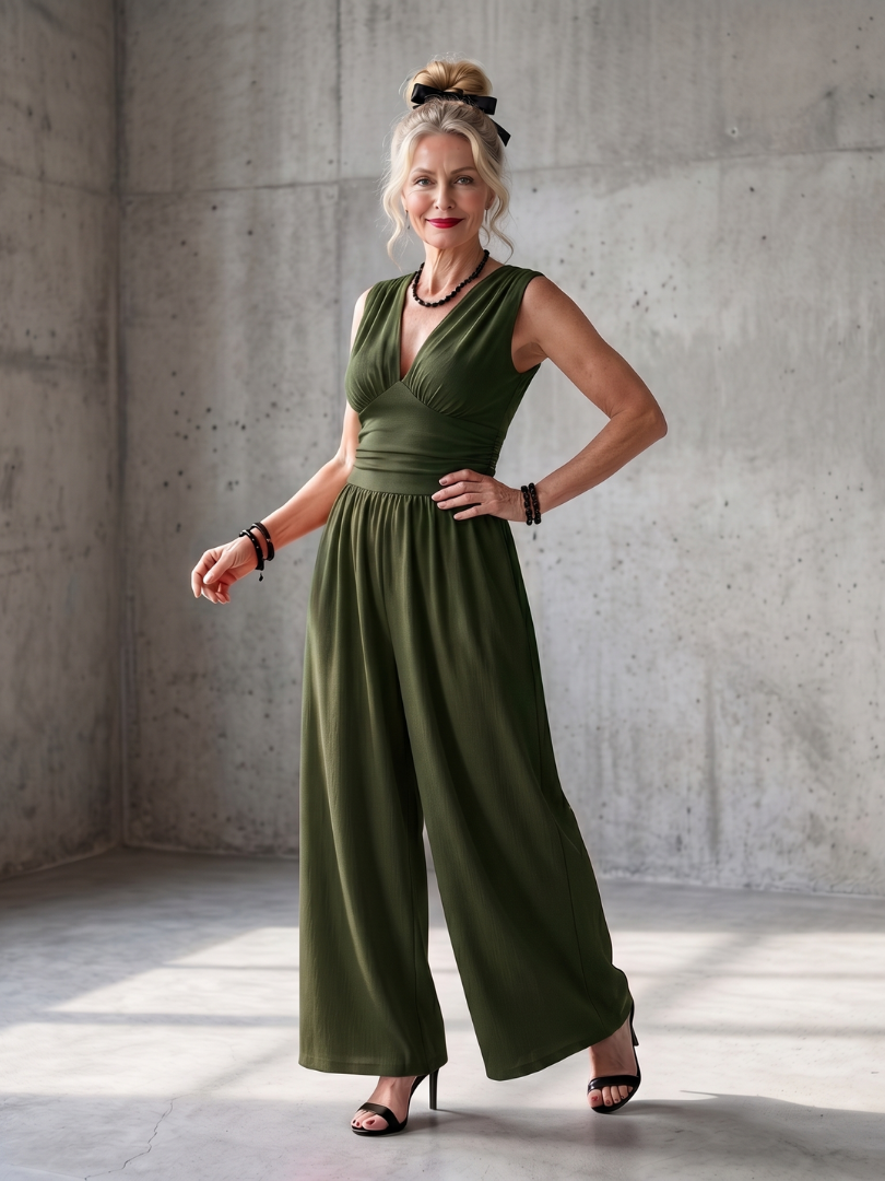 Vincenza - Deep V Waist Defined Wide Leg Jumpsuit