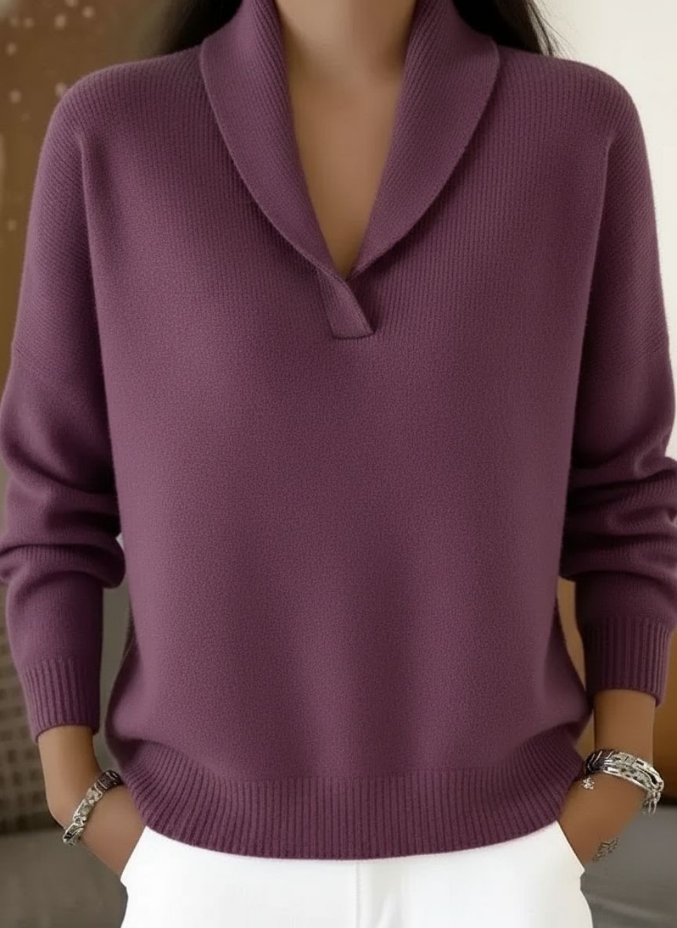ENCARNA | DRAPED SHAWL-COLLAR V-NECK JUMPER