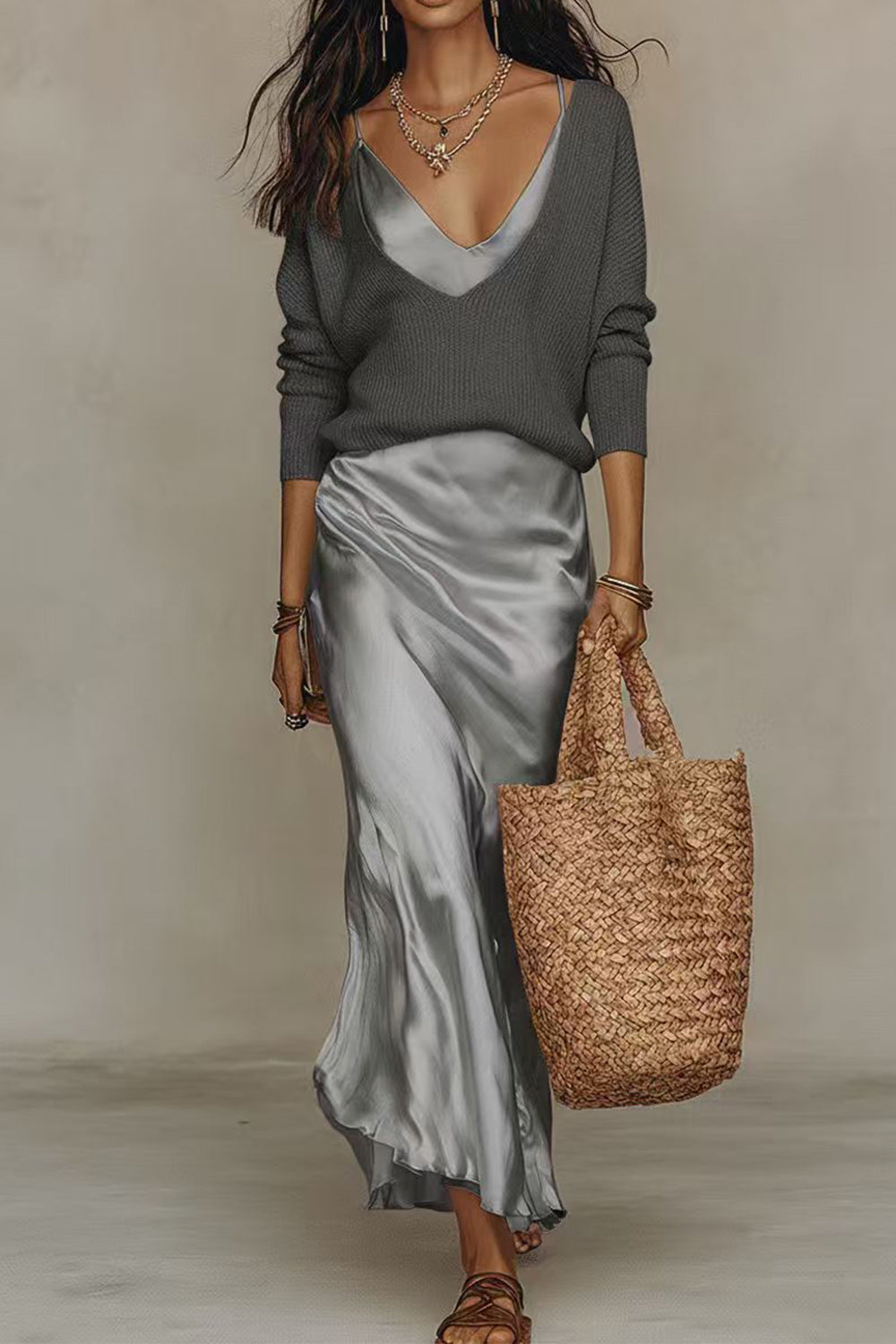 Jessa jumper and satin maxi dress set in grey, styled view