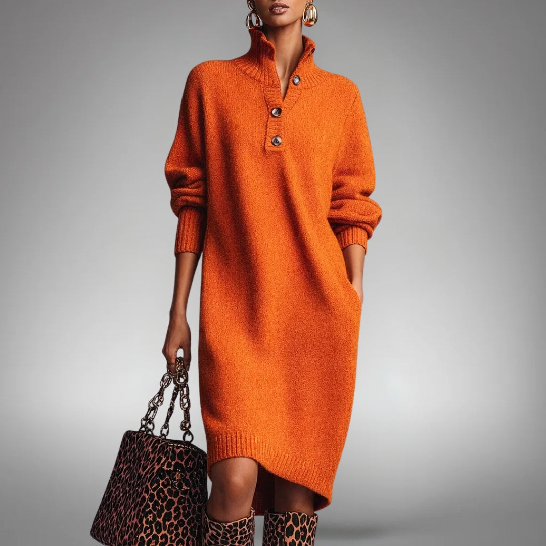 Effie knit midi dress in orange, front view with buttoned stand collar