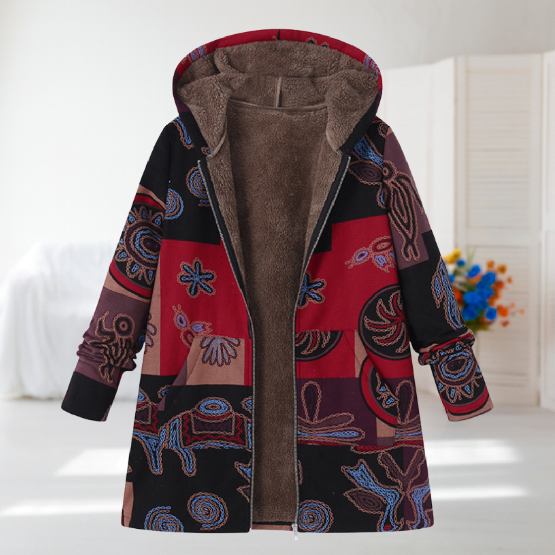 Maureen hooded folk-print coat in black and red with blue swirl motifs, open front view