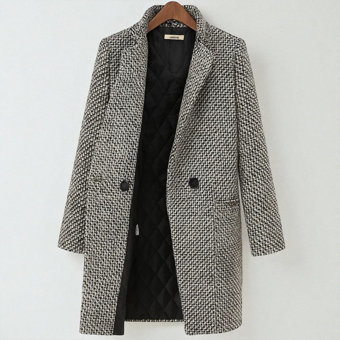 Venetia long wool coat in black and white on a hanger, front view