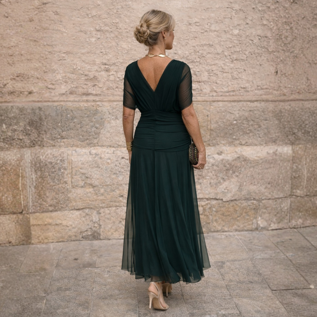 Maya maxi dress in dark green, full-length back view