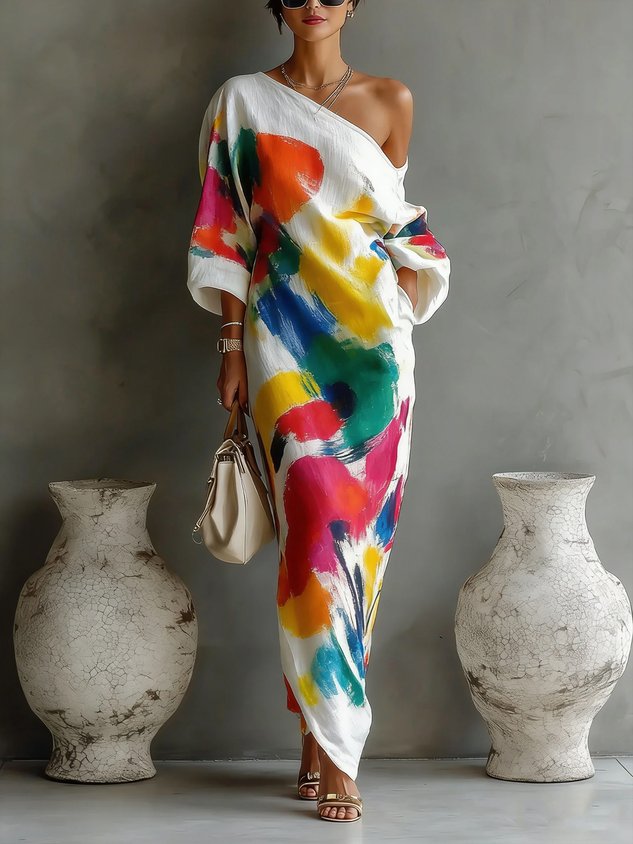 Christabel abstract print one-shoulder maxi dress front view