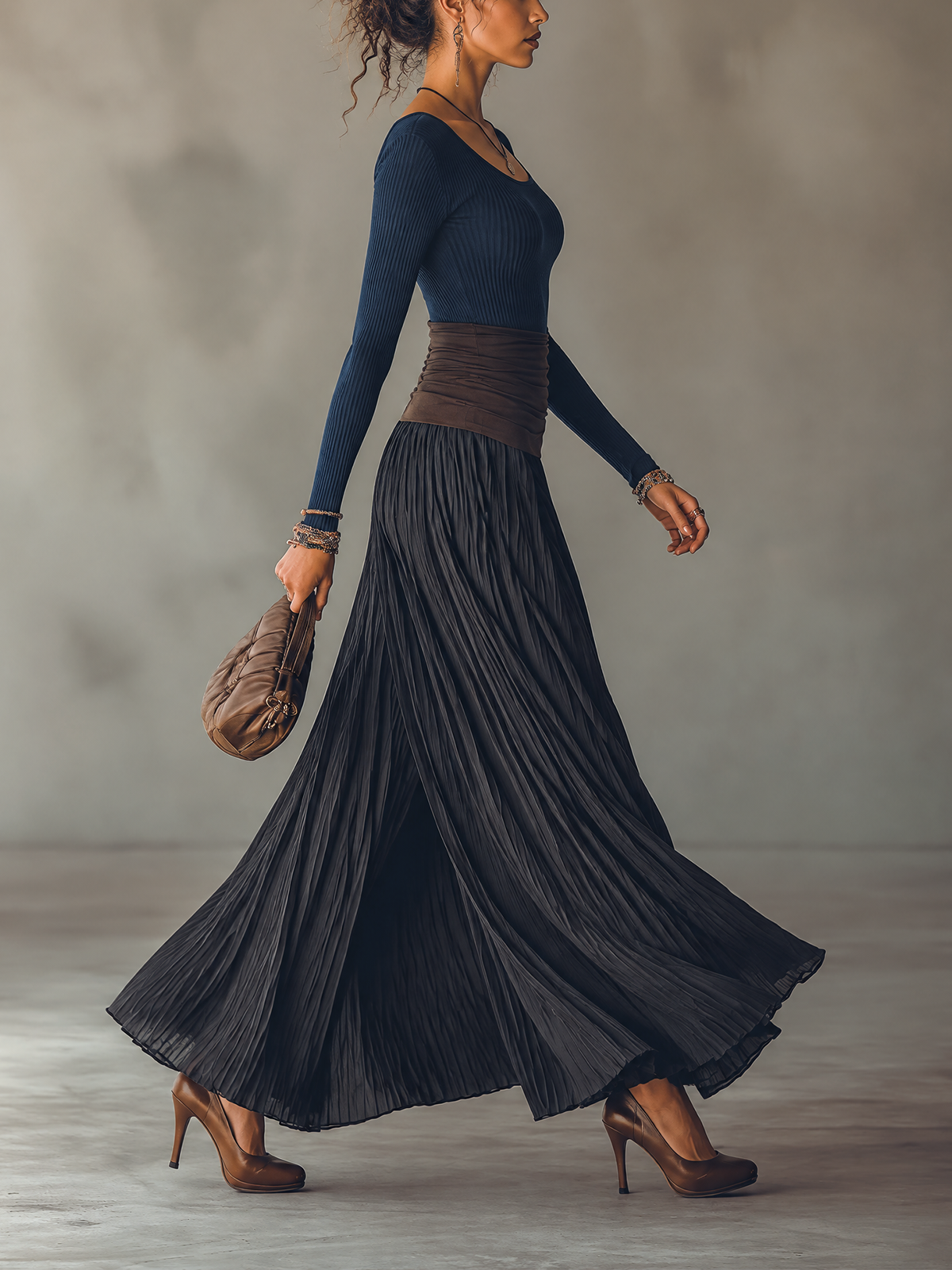Wilhelmina pleated skirt set in navy, side view
