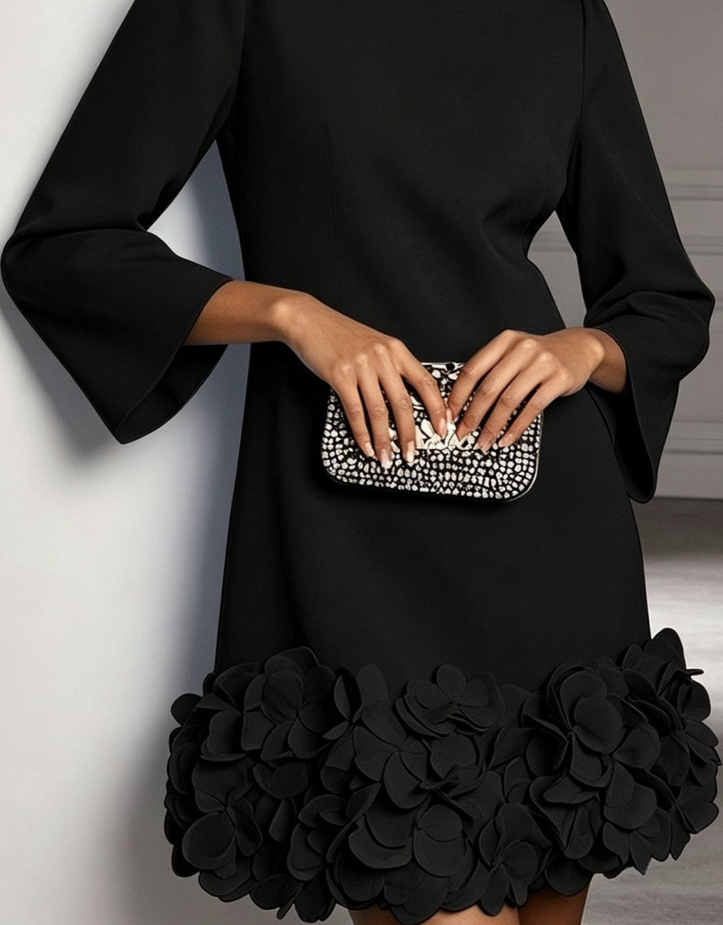 Elva floral hem mini dress in black, hem detail view