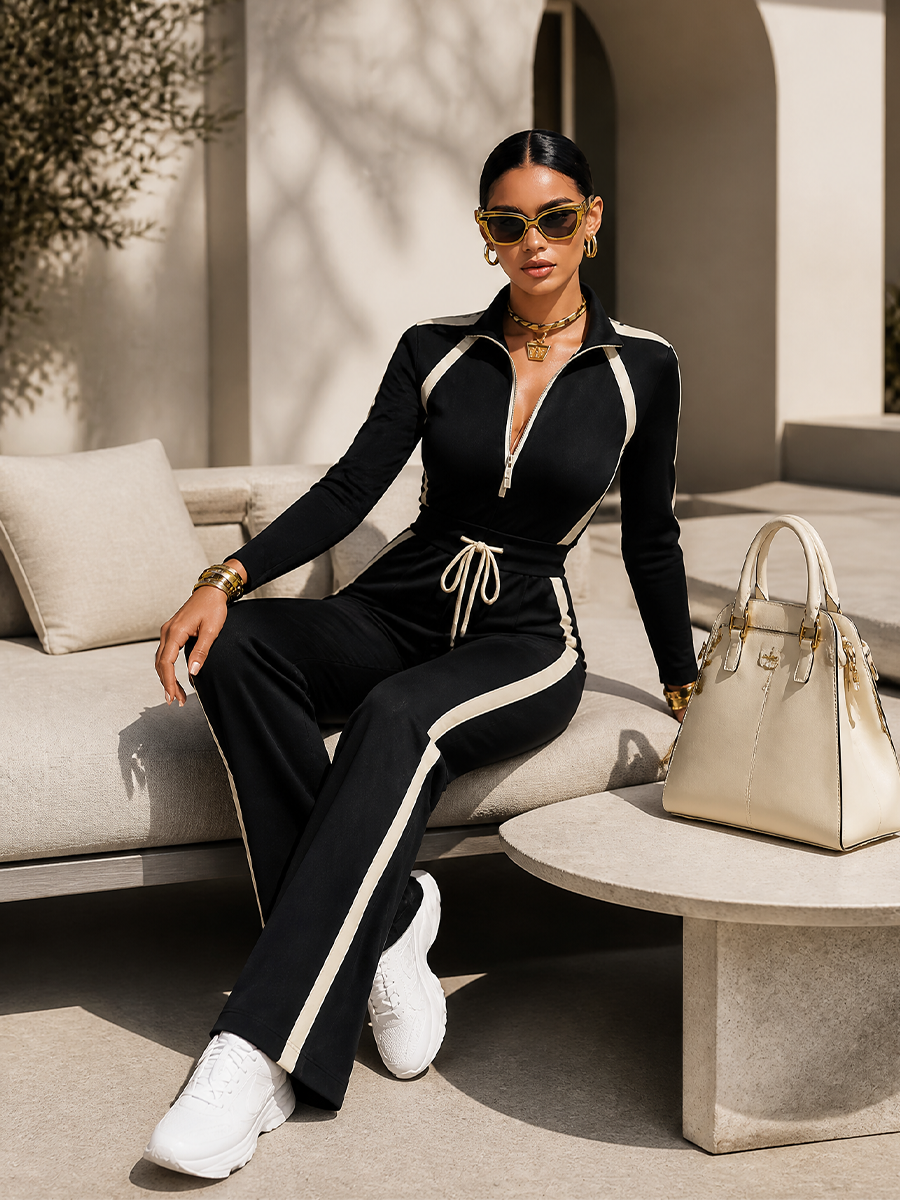 Monica striped tracksuit set in black, seated view