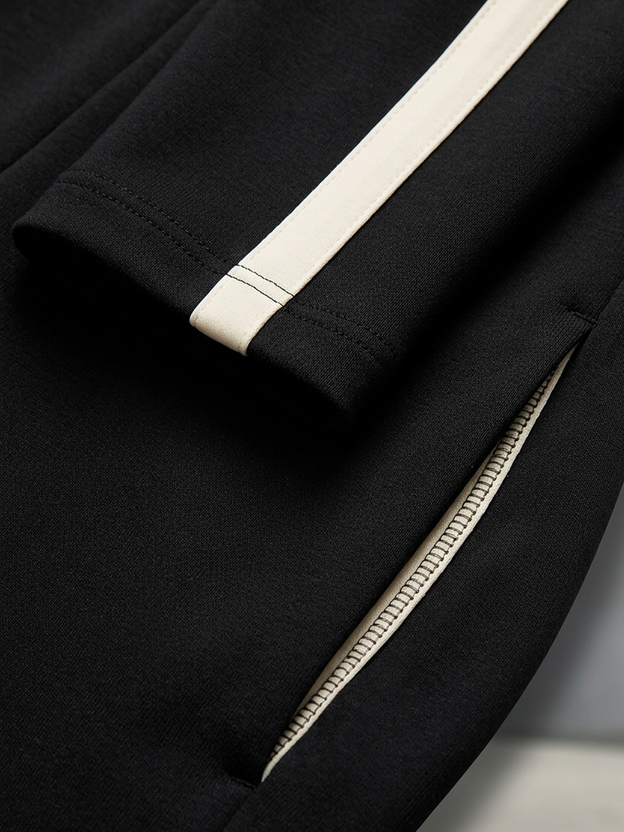 Monica striped tracksuit set in black, close-up of contrast stripe and side pocket