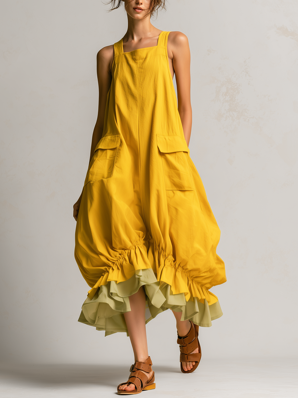 Dorothea layered balloon midi dress in yellow, full-length front view