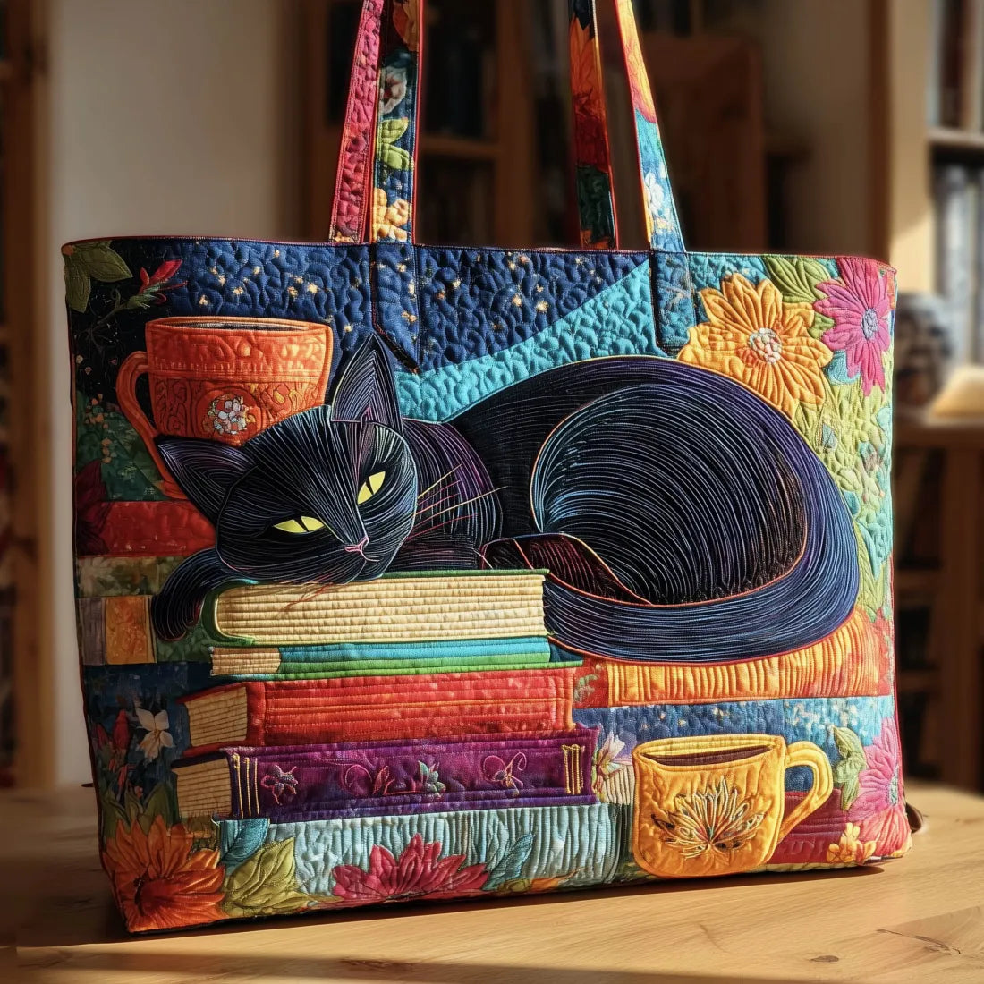 Handcrafted Bag | Black Cat with Books and Cups