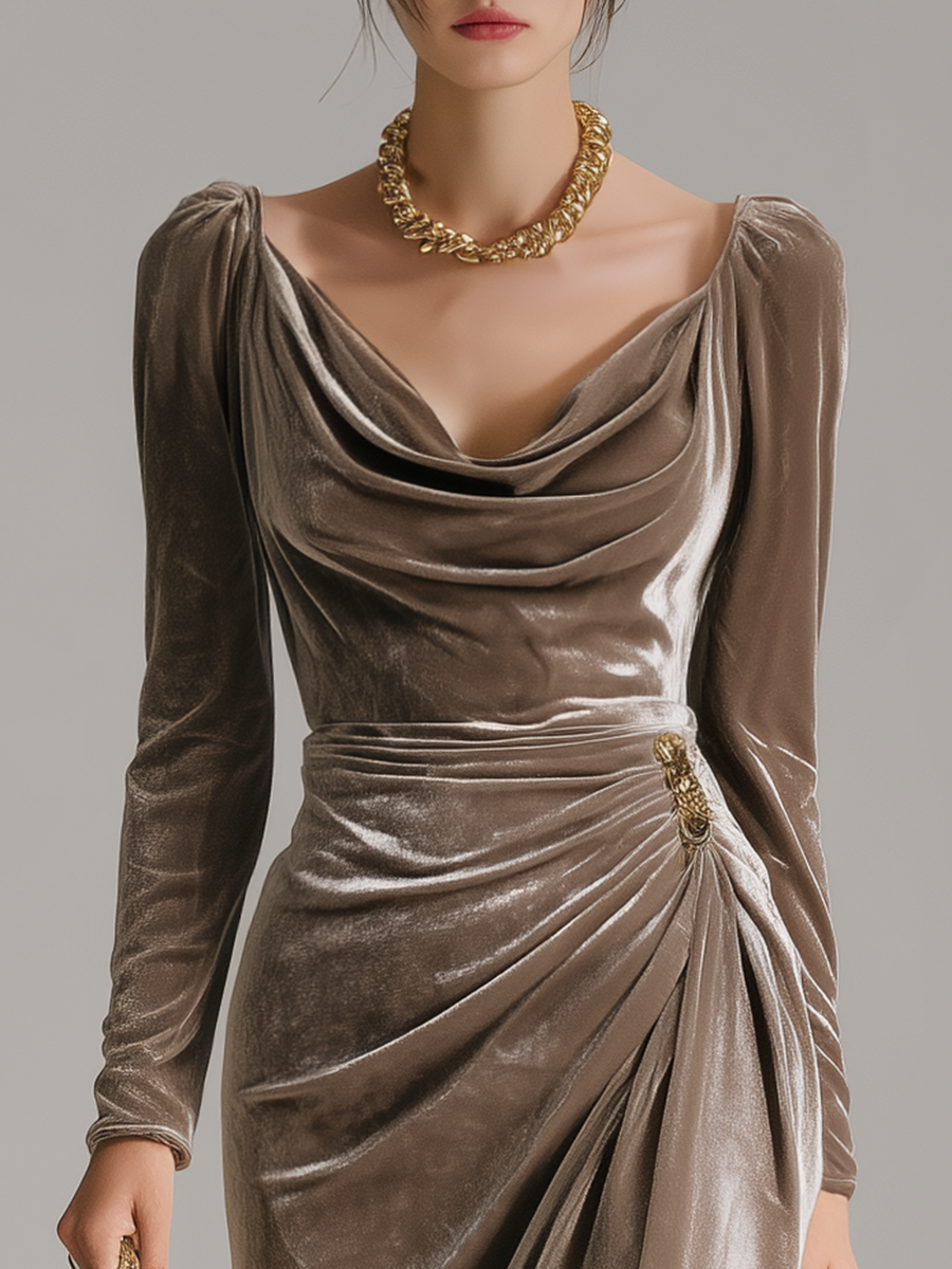 Mererid velvet midi dress in champagne, neckline detail