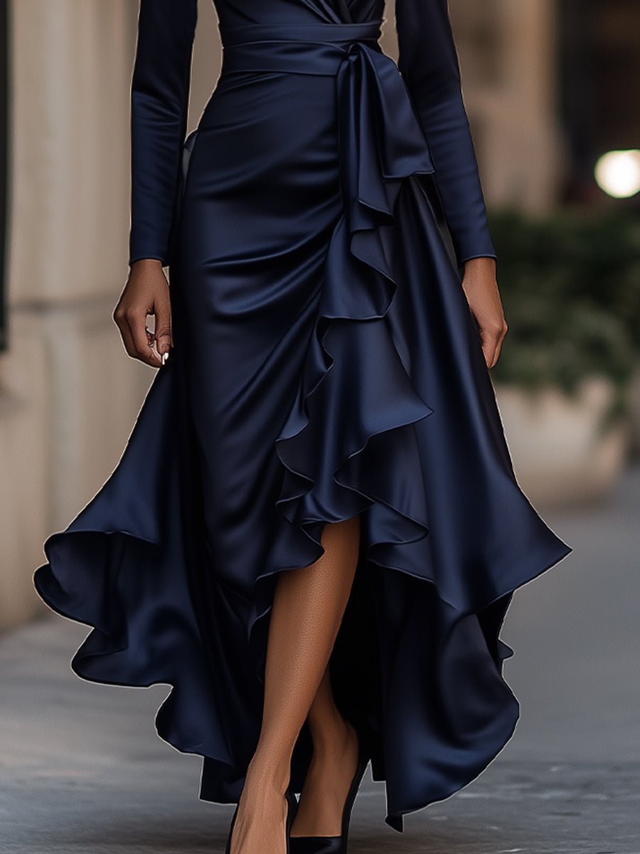 Fanny wrap maxi dress in navy blue, ruffle skirt detail