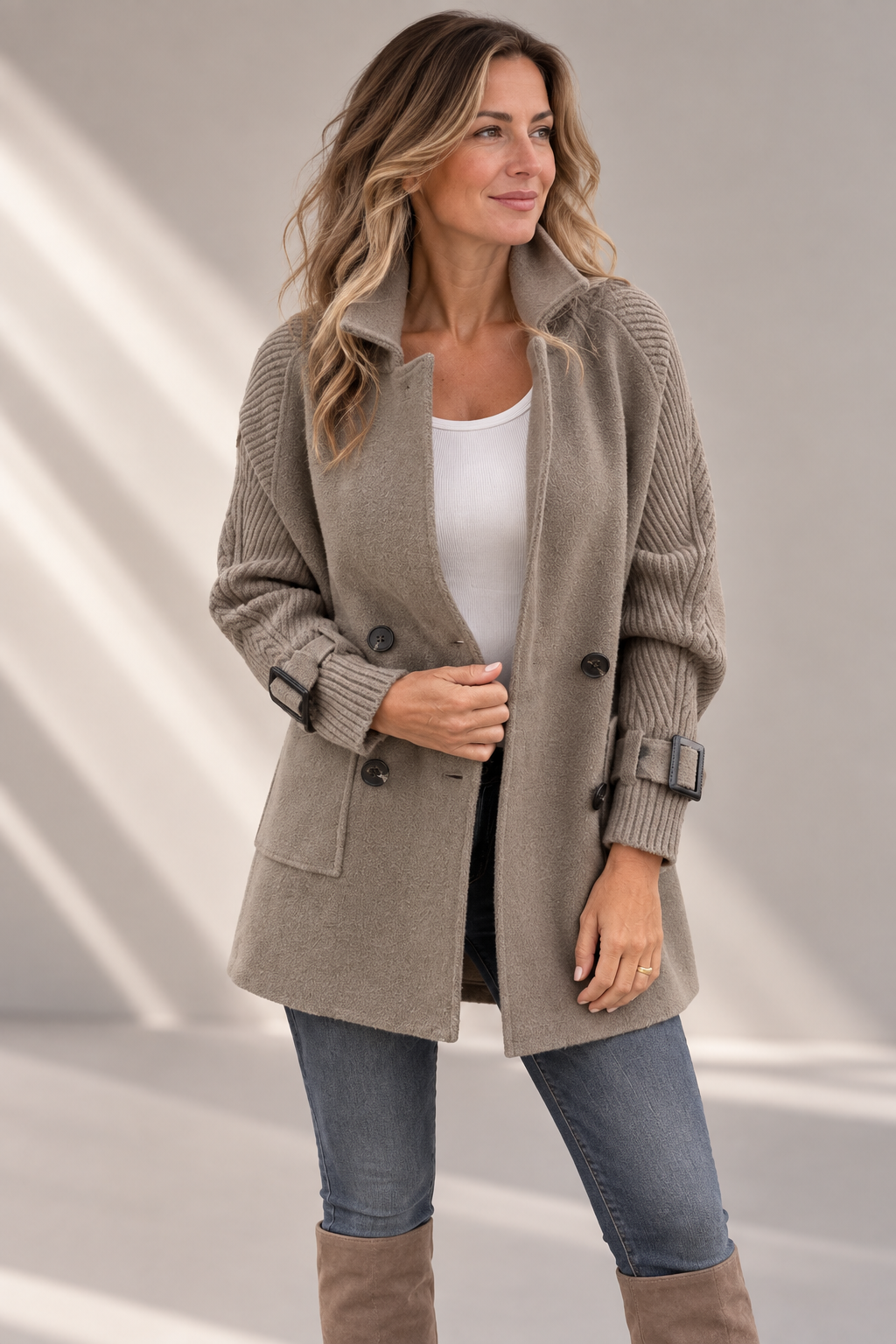Honora double-breasted knit-sleeve coat in sage grey, three-quarter front view