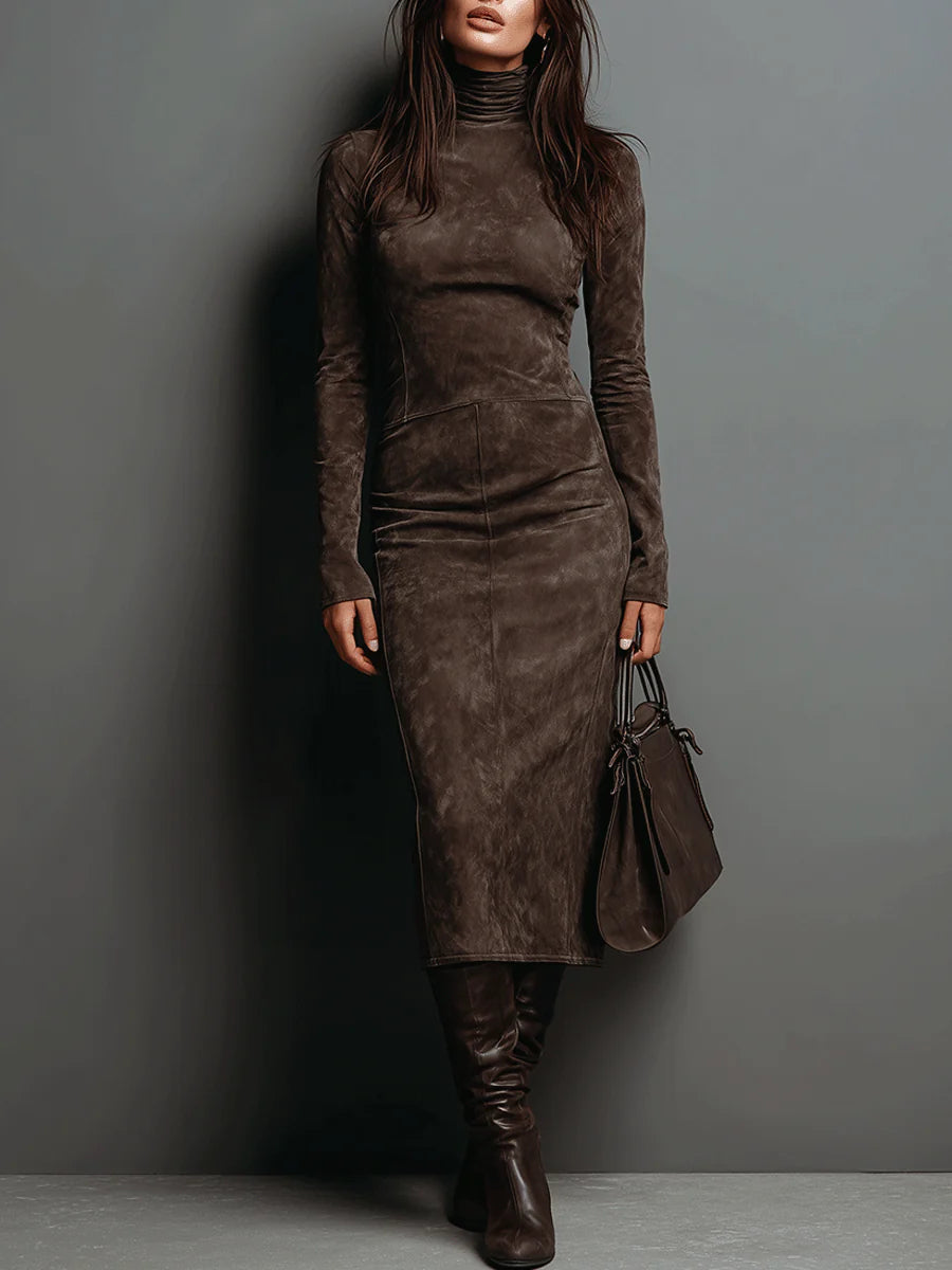 Holly suedette high-neck midi dress front view