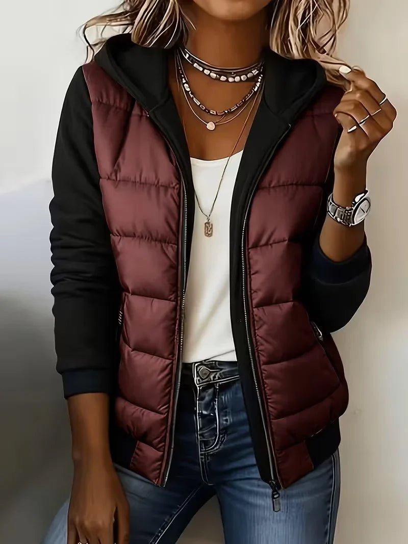 Perpetua hooded padded layered jacket in Burgundy