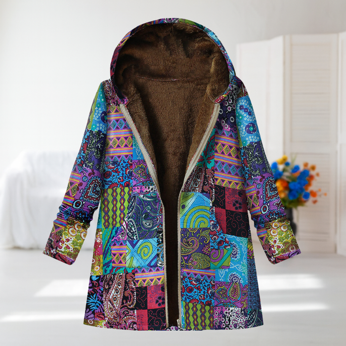 Moira bright patchwork hooded coat in blue multicolour, front view on a hanger