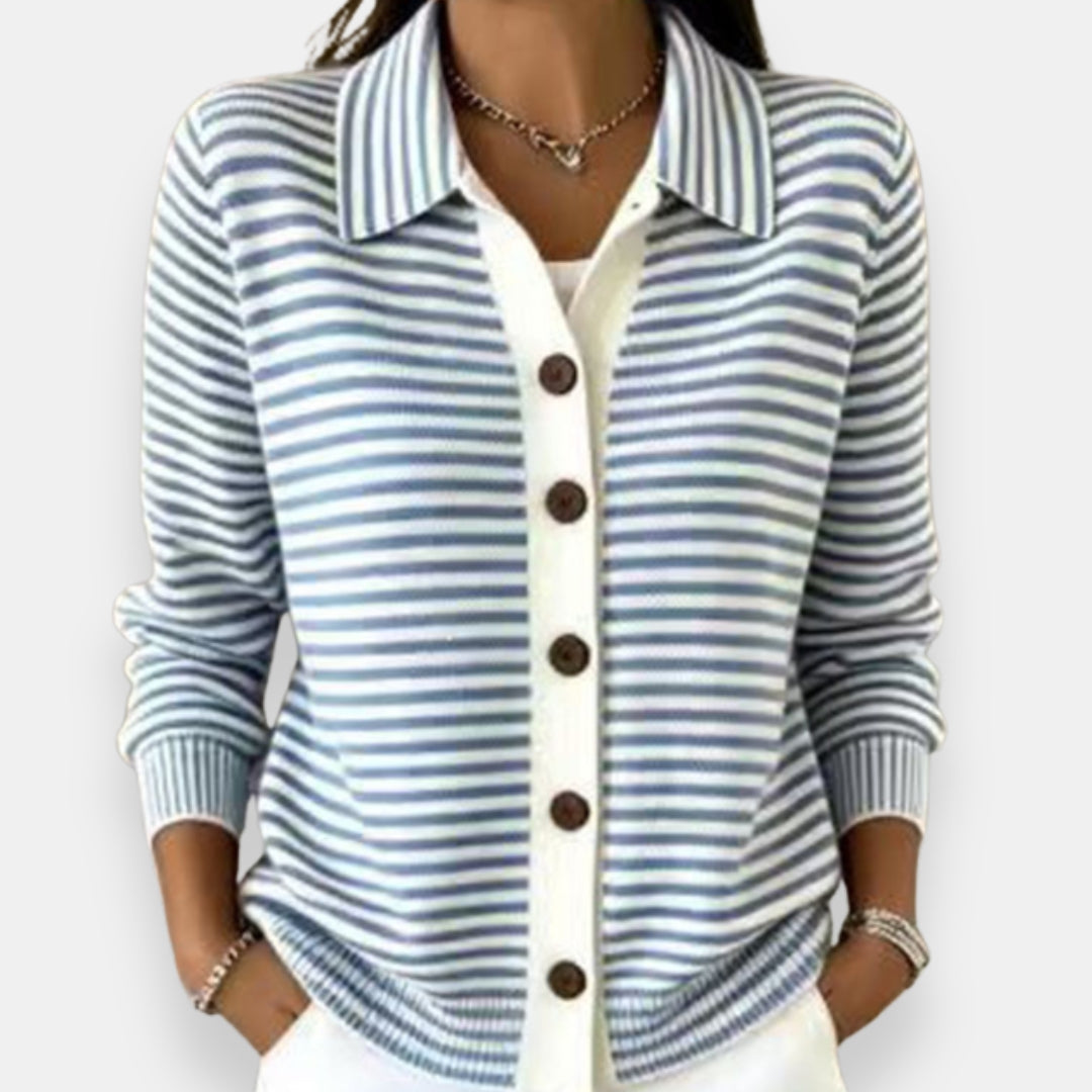 Septima striped collared cardigan in light blue, front view