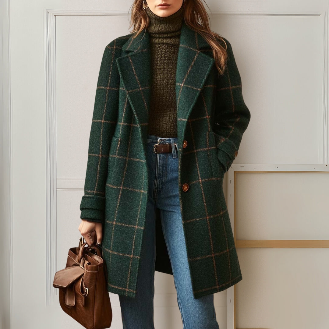 Mathilda long tweed-look check coat in dark green, front view with jeans