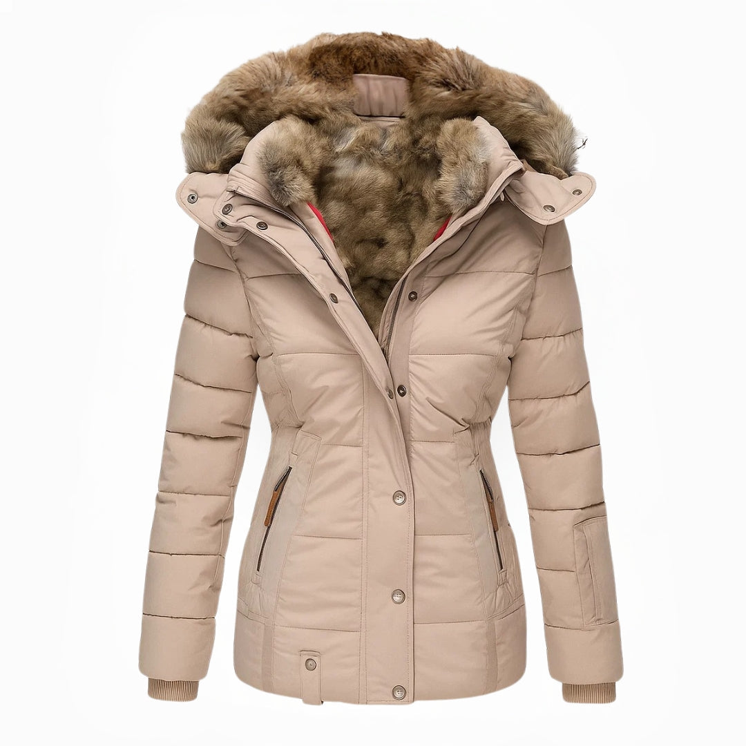 Marguerite warm padded winter coat in beige, front view