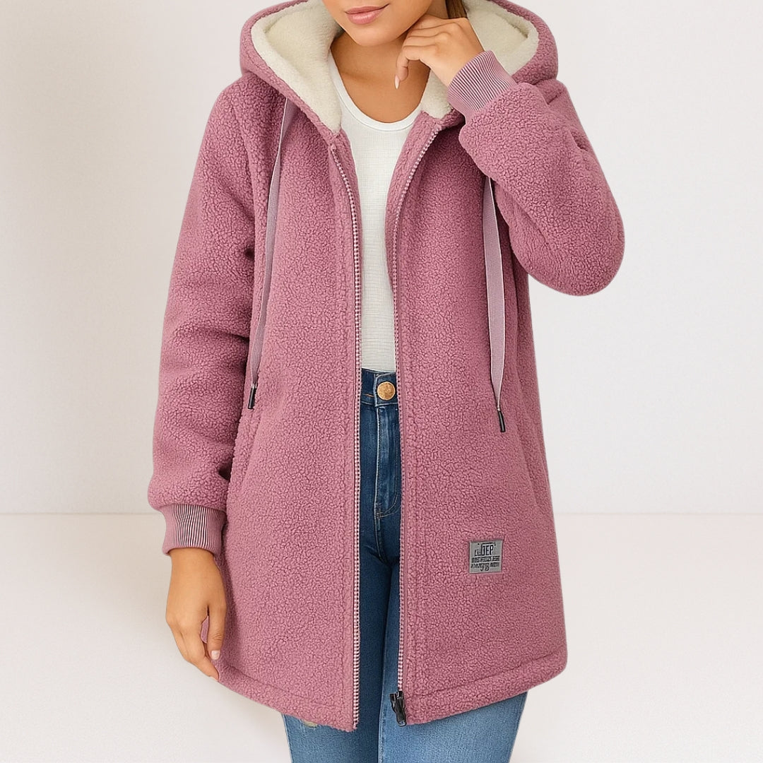 Thea longline hooded jacket in pink, three-quarter front view
