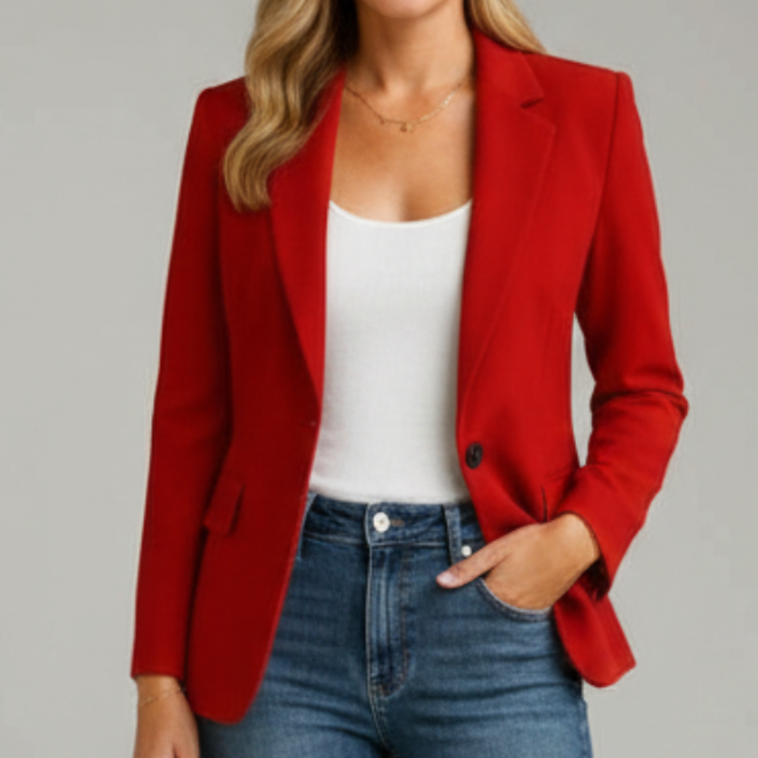 Charlotte notched lapel blazer in red, worn with jeans, front view