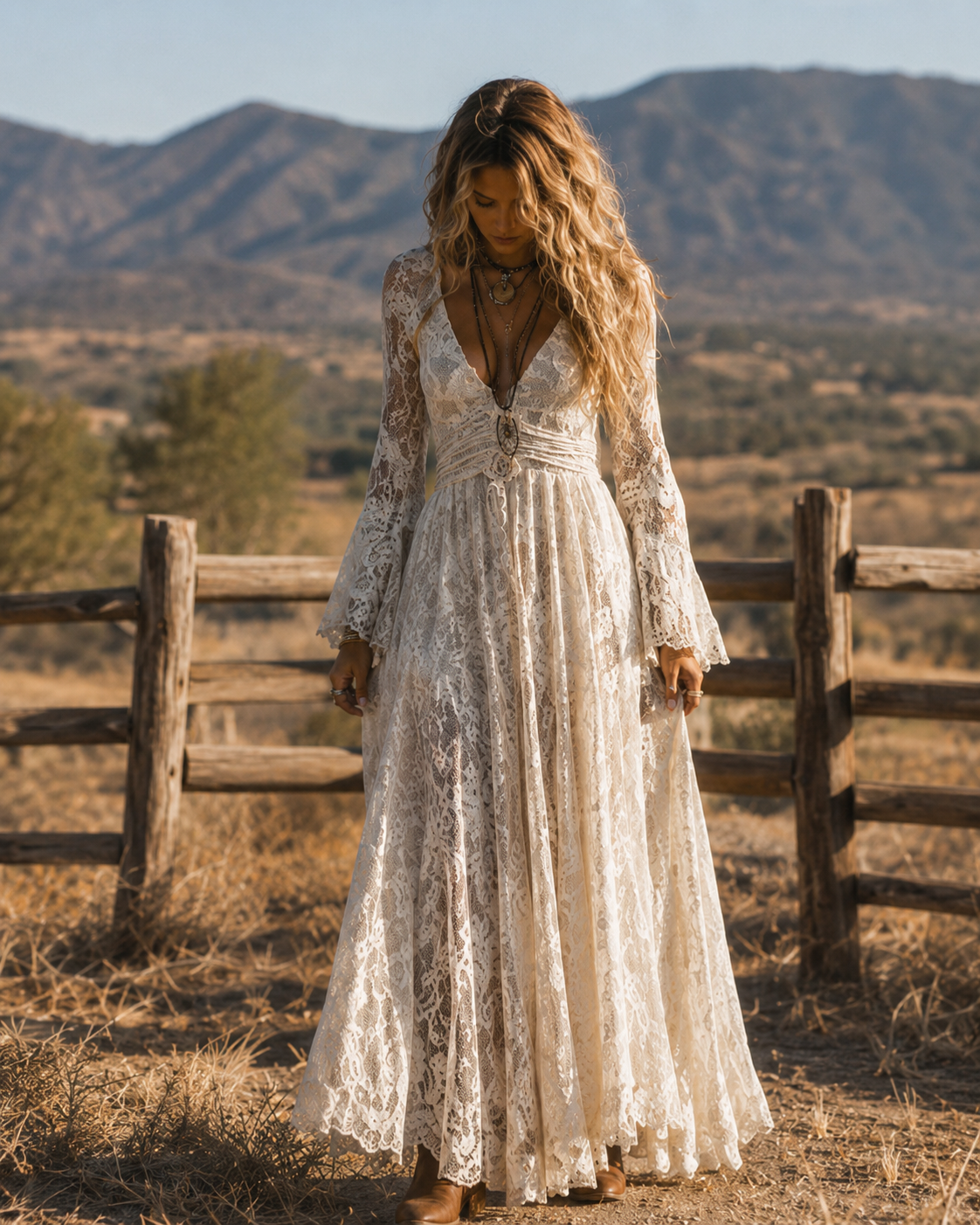 Serena | Ivory Lace Maxi Dress with Bell Sleeves