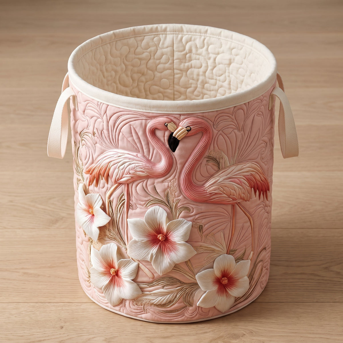 Loretta hand-quilted laundry basket with pink flamingos and white tropical flowers, open empty view