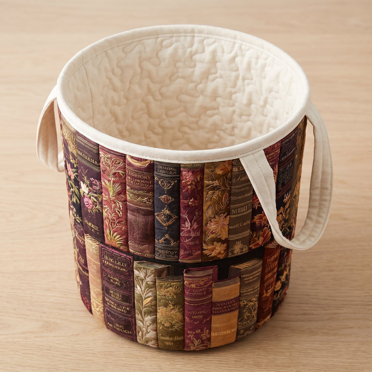 Milena hand-quilted laundry basket with rows of vintage book spines, top view showing the quilted lining