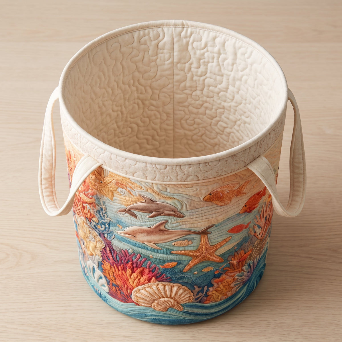 Lisetta hand-quilted laundry basket with dolphins, starfish and coral in a sea scene, open empty view