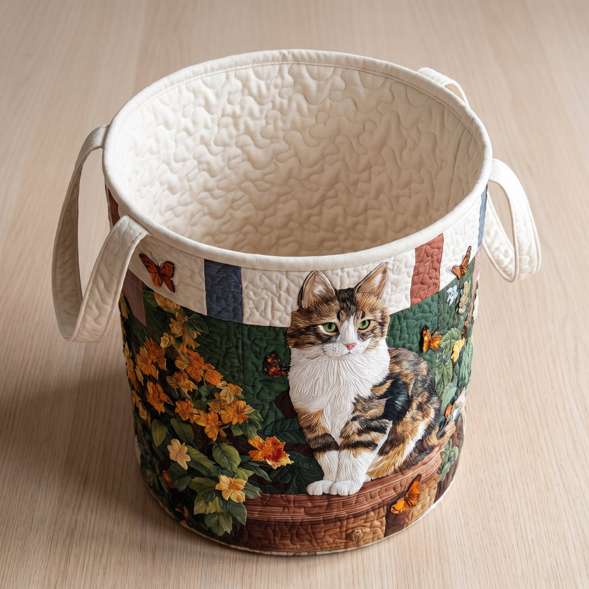 Melania hand-quilted laundry basket with a tabby cat among marigolds on patchwork, top view showing the quilted lining