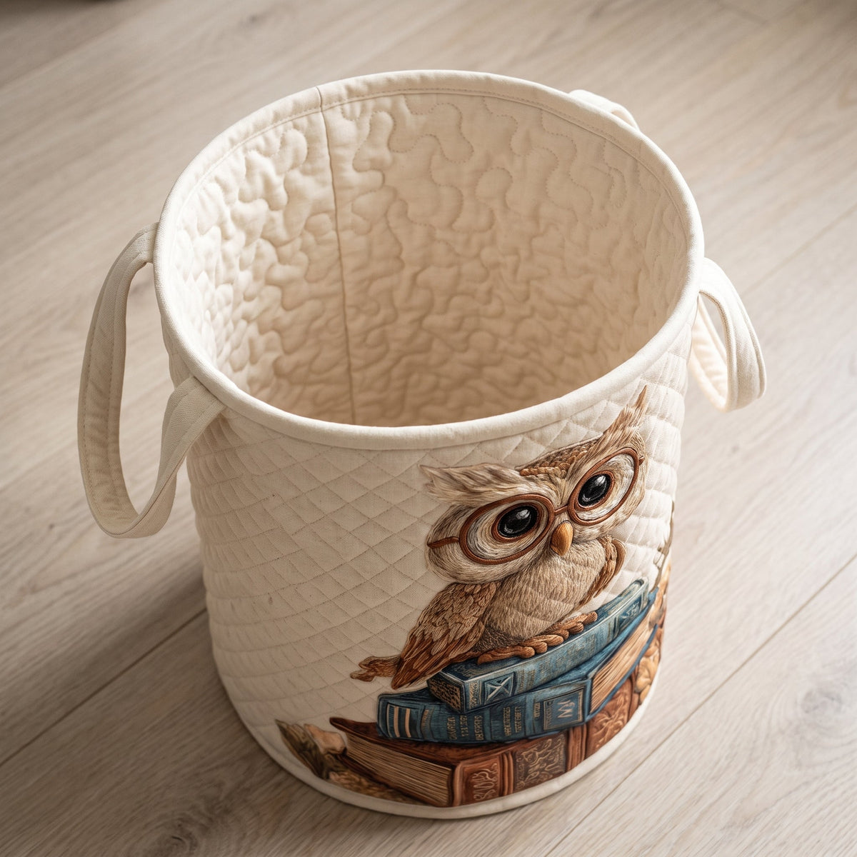 Mafalda hand-quilted laundry basket with a wise owl perched on a stack of books, open empty view