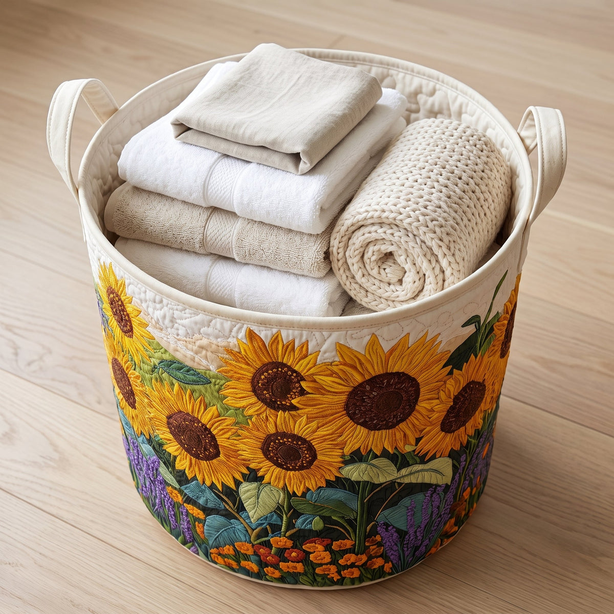 Marisa hand-quilted laundry basket with a field of sunflowers with lavender and marigolds, filled with folded towels