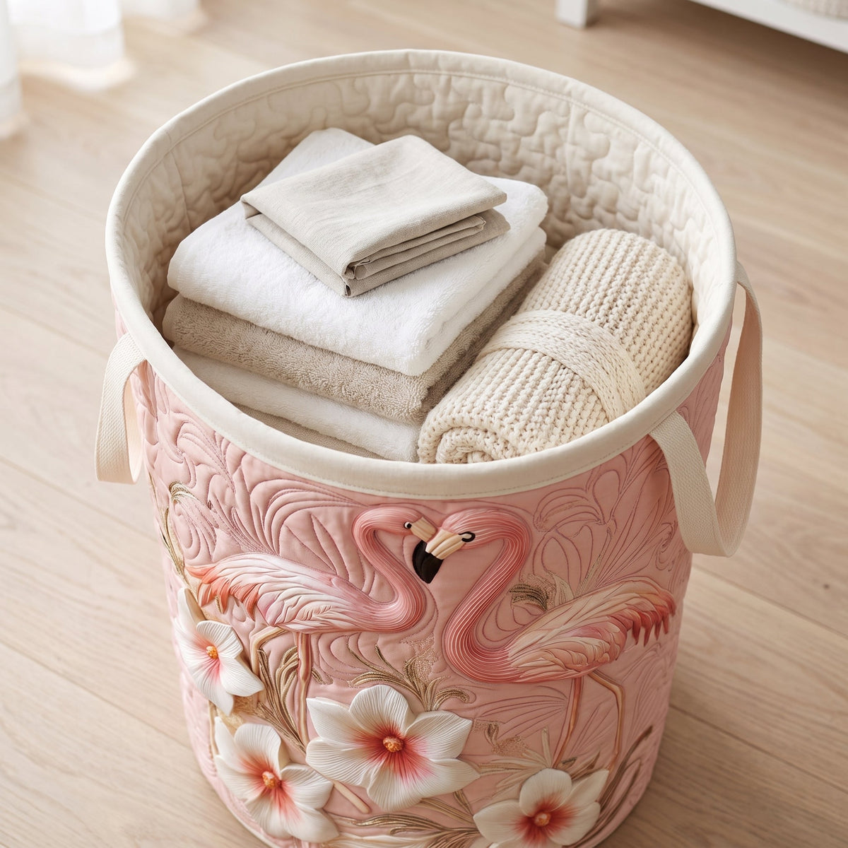 Loretta hand-quilted laundry basket with pink flamingos and white tropical flowers, filled with folded towels