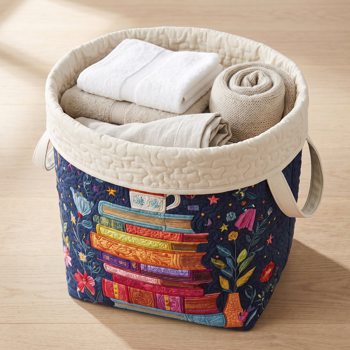 Ludovica hand-quilted laundry basket with a colourful stack of books and a teacup, filled with folded towels