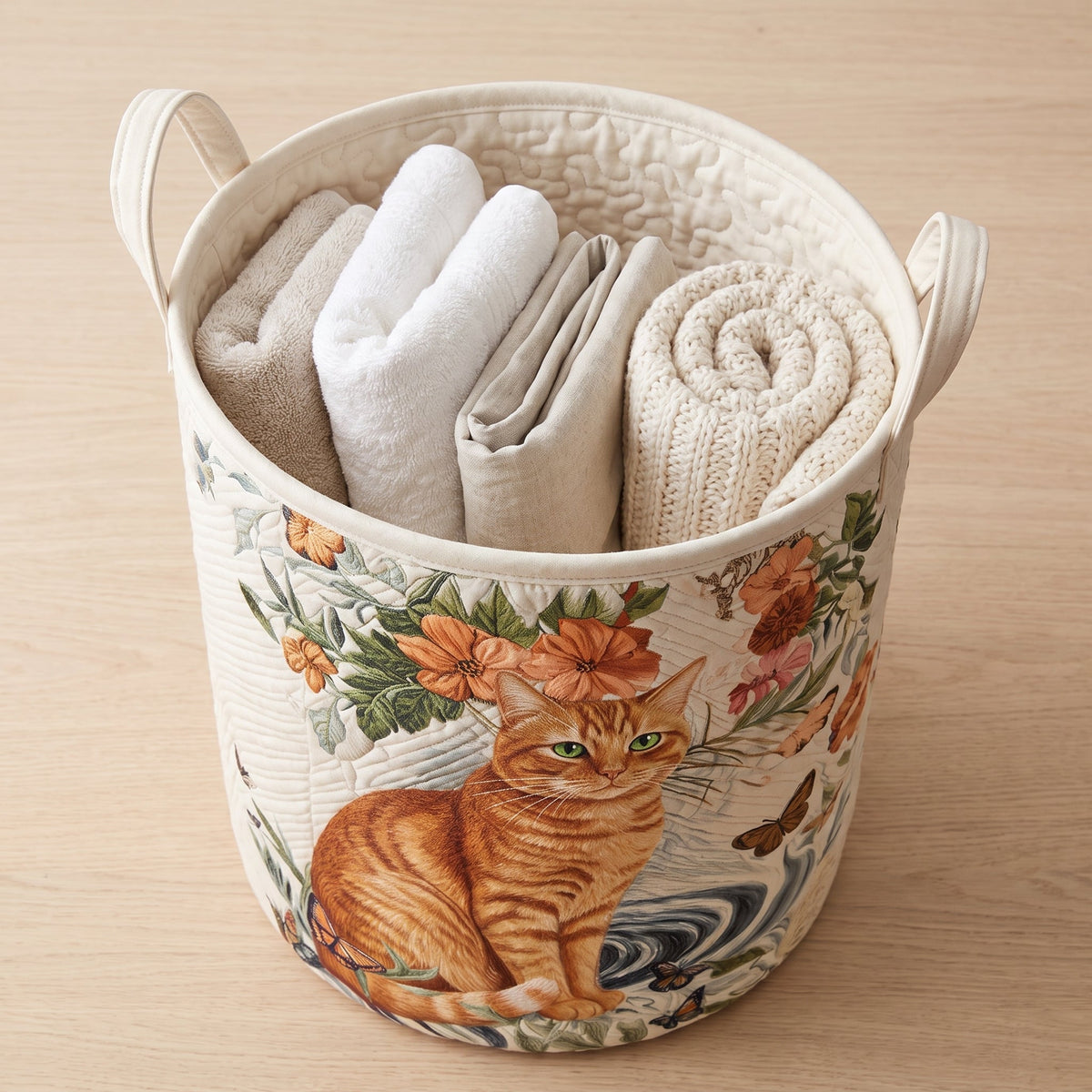 Matilda hand-quilted laundry basket with a ginger tabby cat and orange blossoms, filled with folded towels