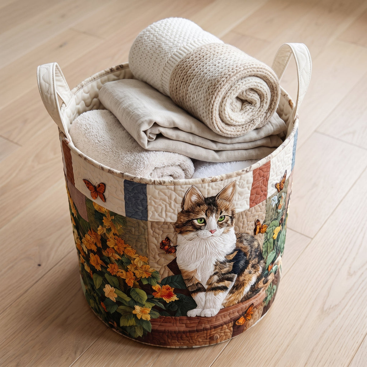 Melania hand-quilted laundry basket with a tabby cat among marigolds on patchwork, filled with folded towels