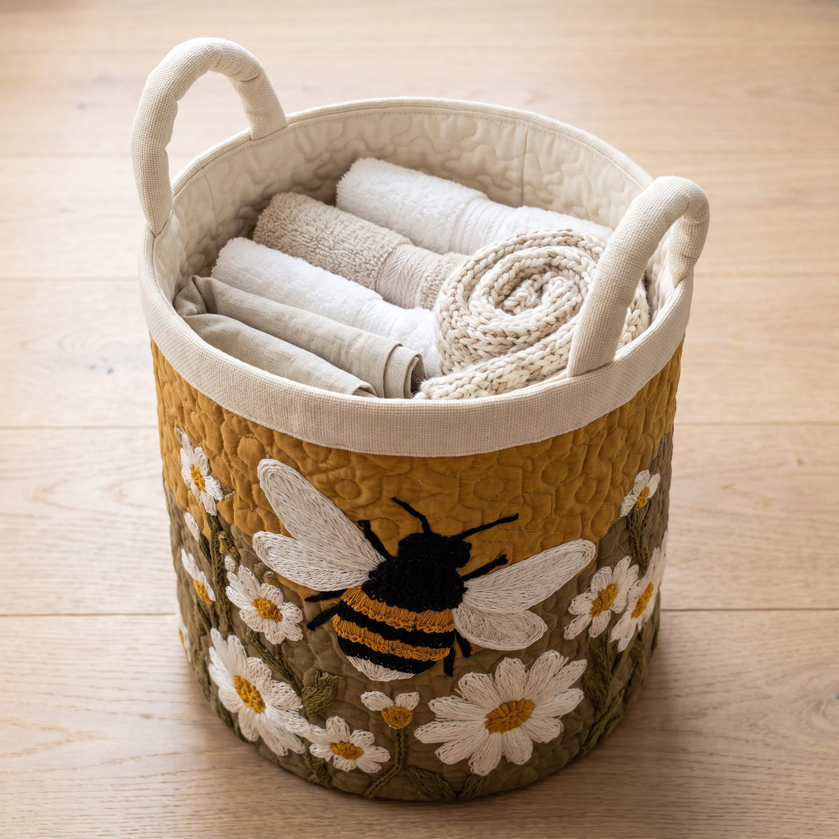 Luigia hand-quilted laundry basket with a bumblebee among white daisies, filled with folded towels