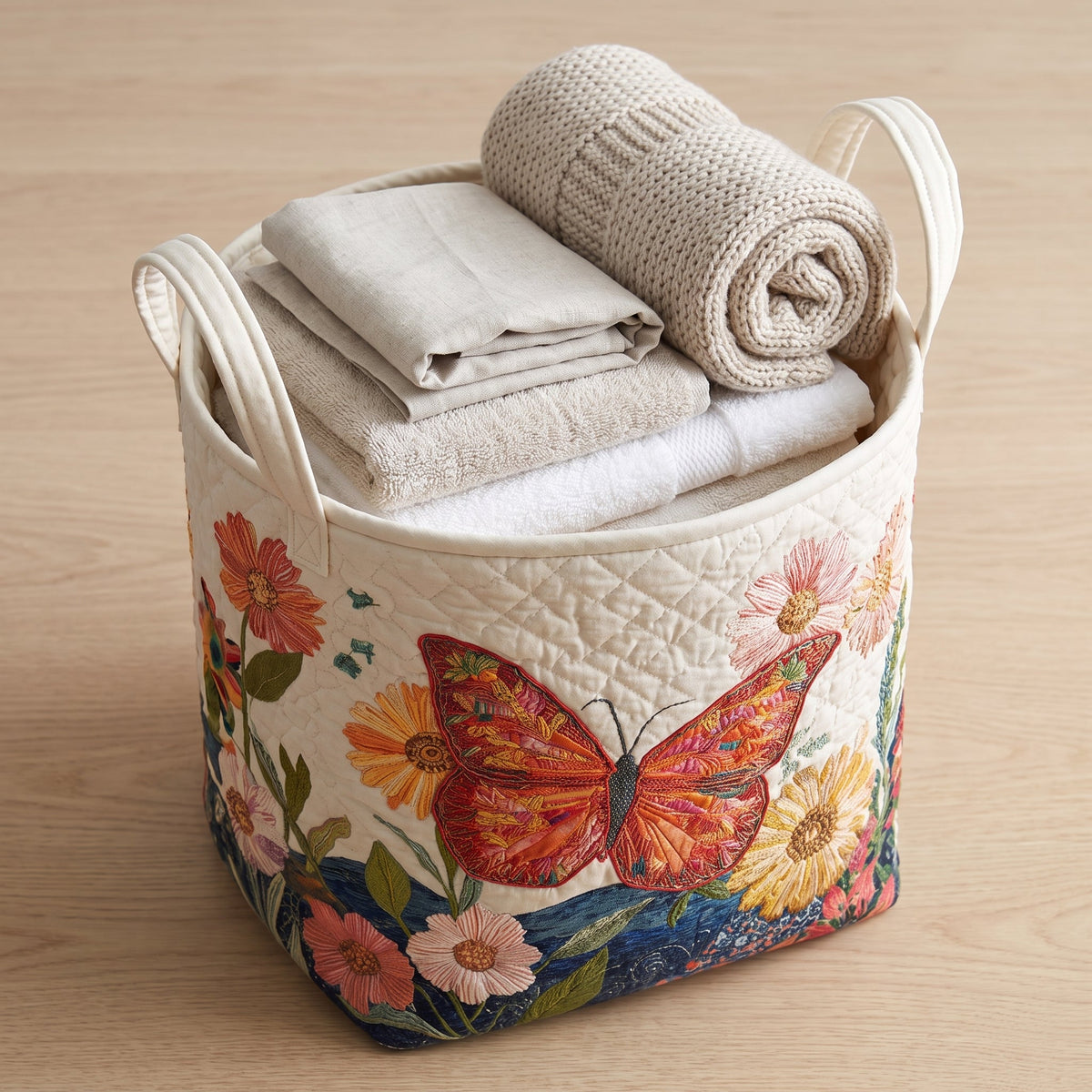 Linda hand-quilted laundry basket with an orange butterfly among colourful garden flowers, filled with folded towels