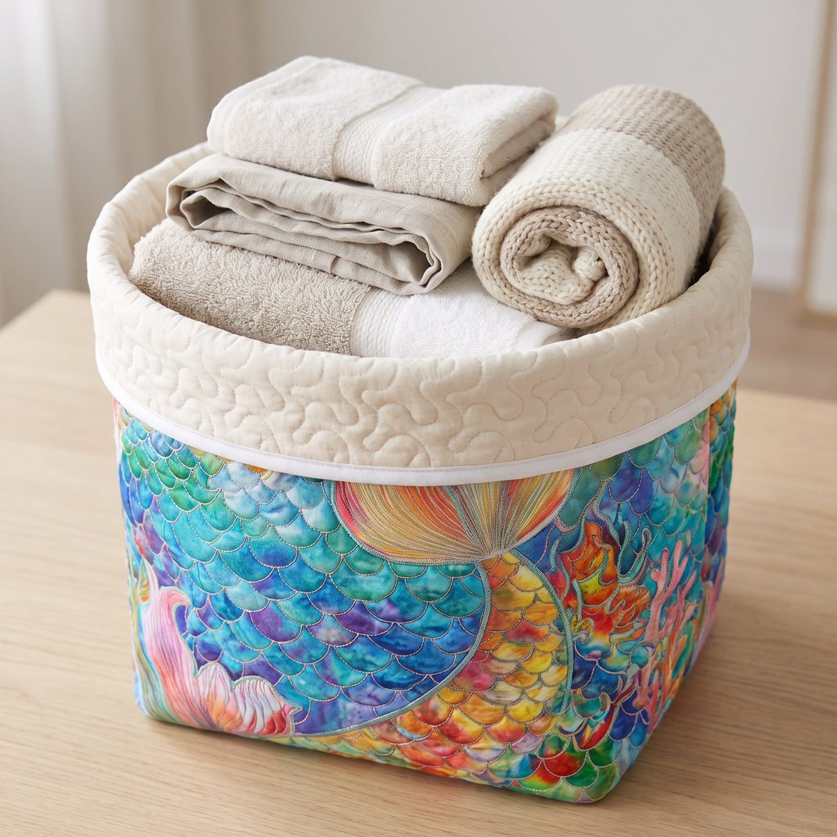 Mattea hand-quilted laundry basket with rainbow mermaid scales and a pink tail, filled with folded towels