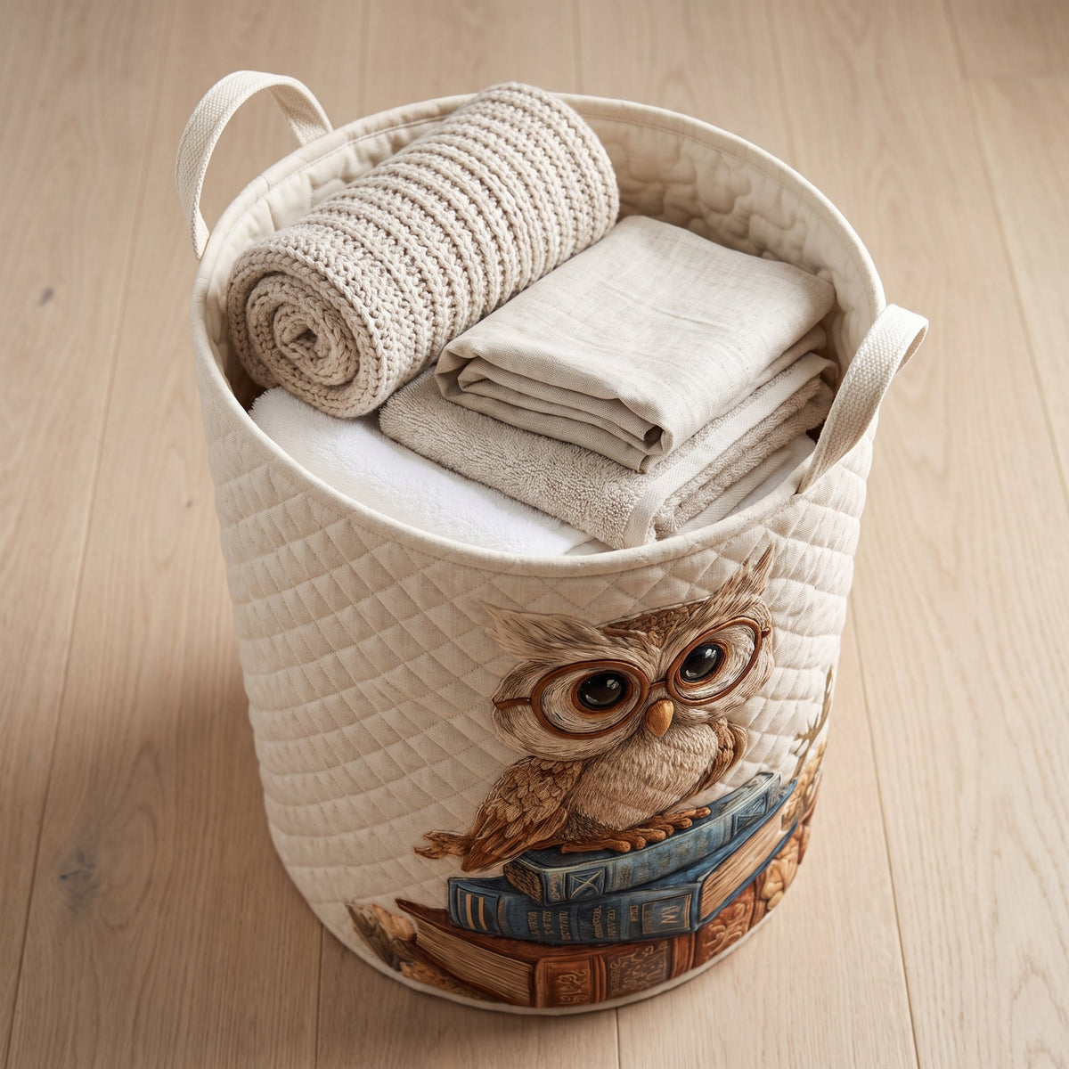 Mafalda hand-quilted laundry basket with a wise owl perched on a stack of books, filled with folded towels