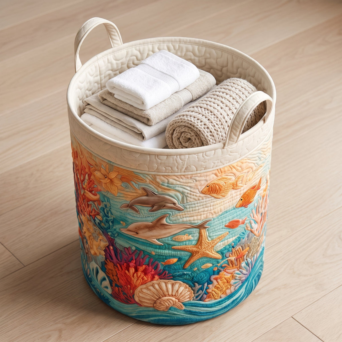 Lisetta hand-quilted laundry basket with dolphins, starfish and coral in a sea scene, filled with folded towels