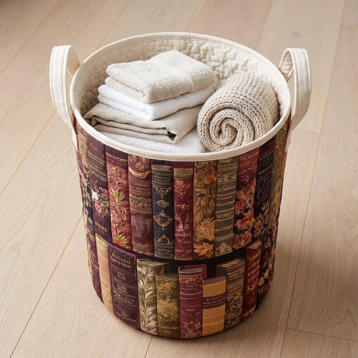 Milena hand-quilted laundry basket with rows of vintage book spines, filled with folded towels