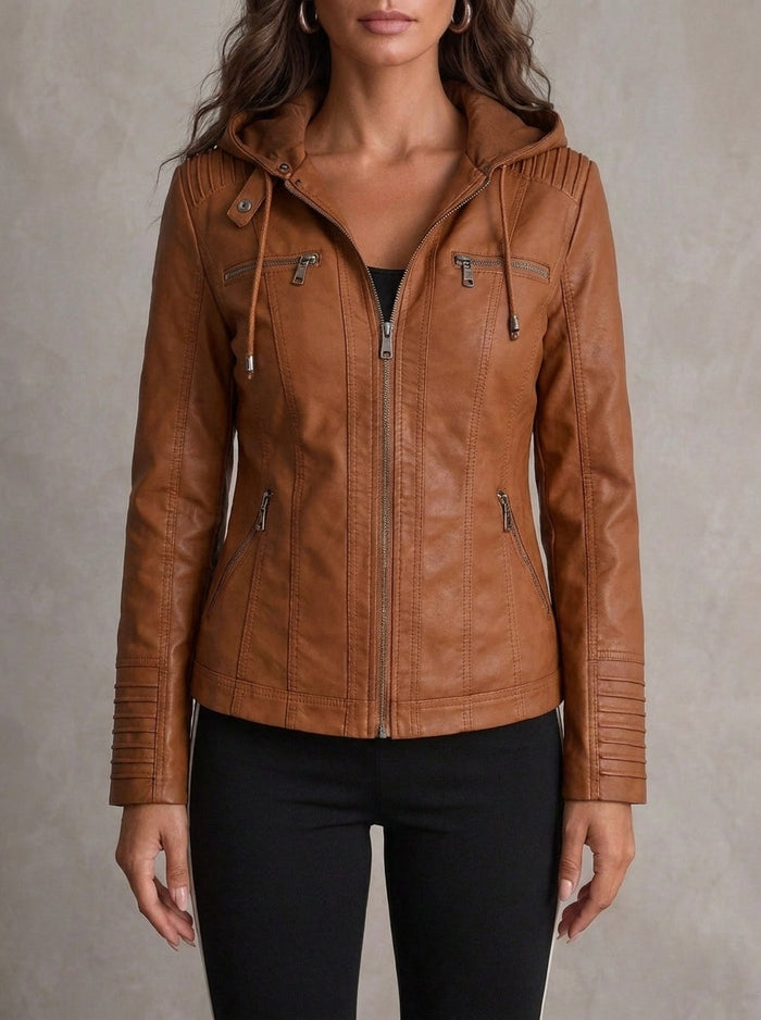 Marsali faux leather hooded biker jacket in light brown, front view on model