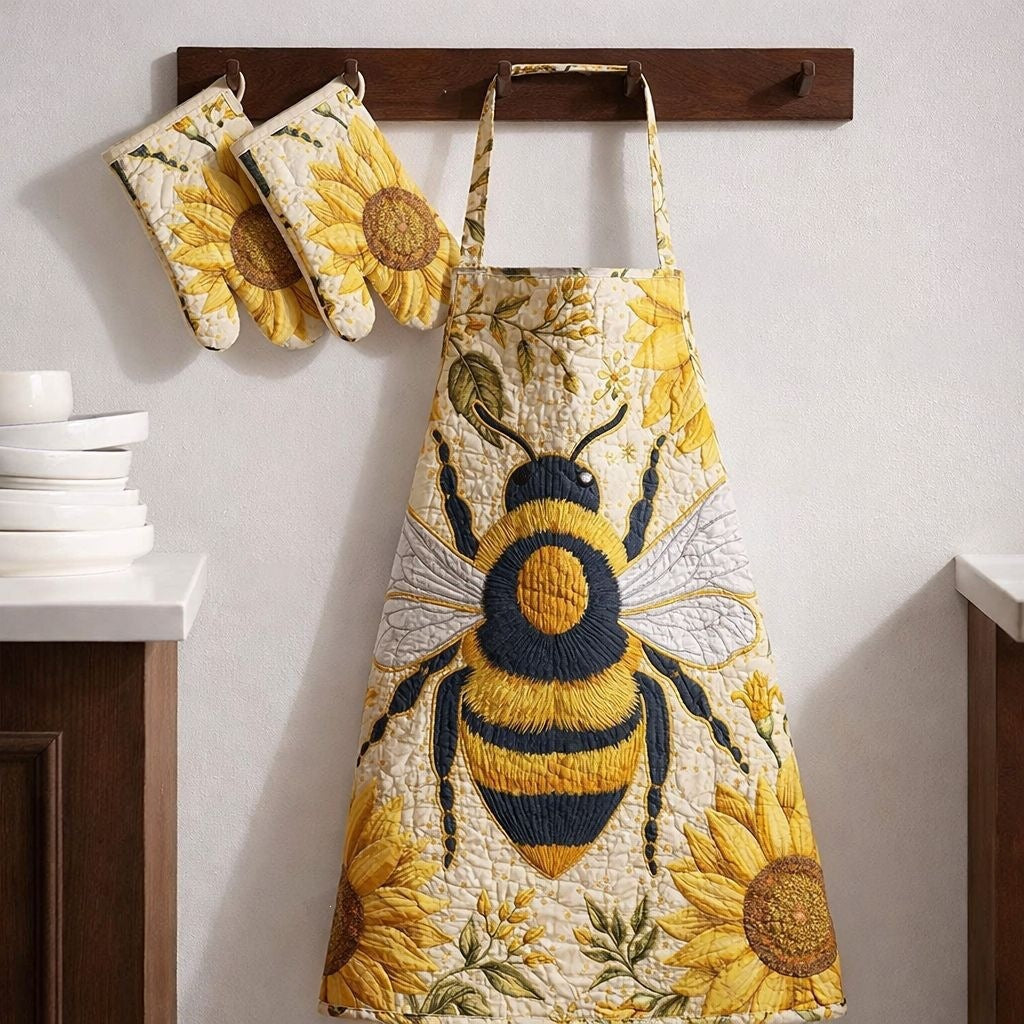 Beattie quilted apron and oven mitt set with a big quilted bumblebee among golden sunflowers