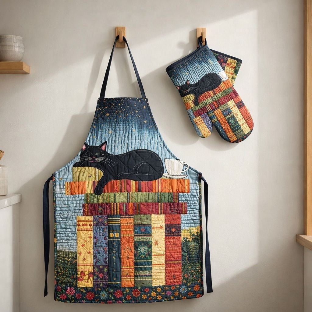 Enid quilted apron and oven mitt set with a black cat curled up on a stack of colourful books under a starry sky