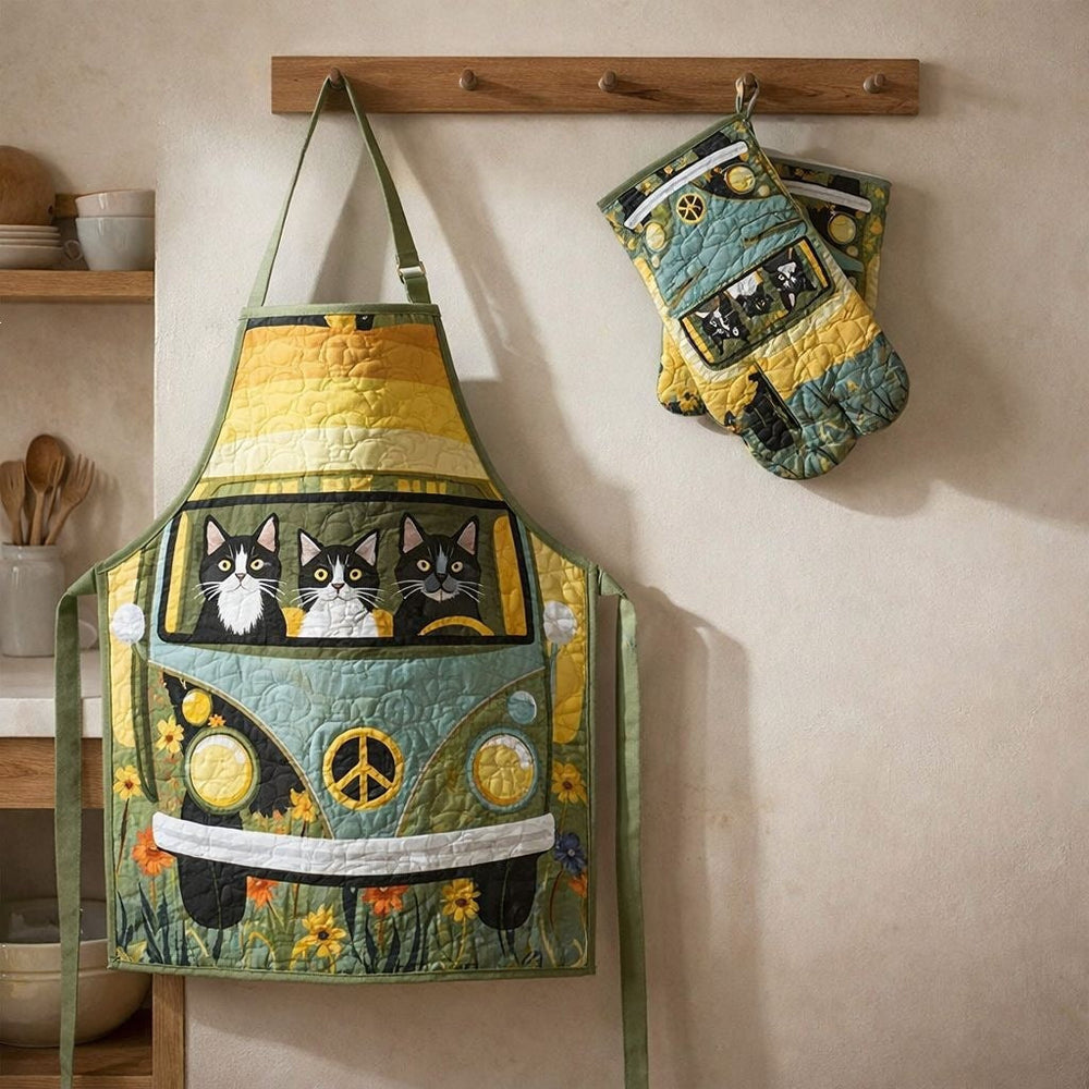 Kittie quilted apron and oven mitt set with two cats peeking out of a green camper van with sunflowers