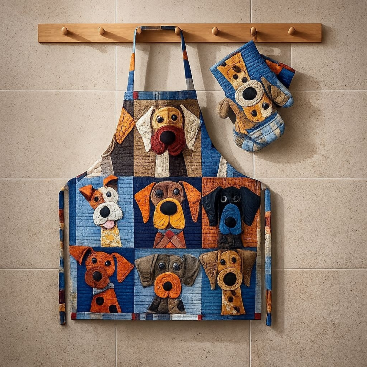 Bunty quilted apron and oven mitt set with playful dog faces in a bright patchwork of colourful squares