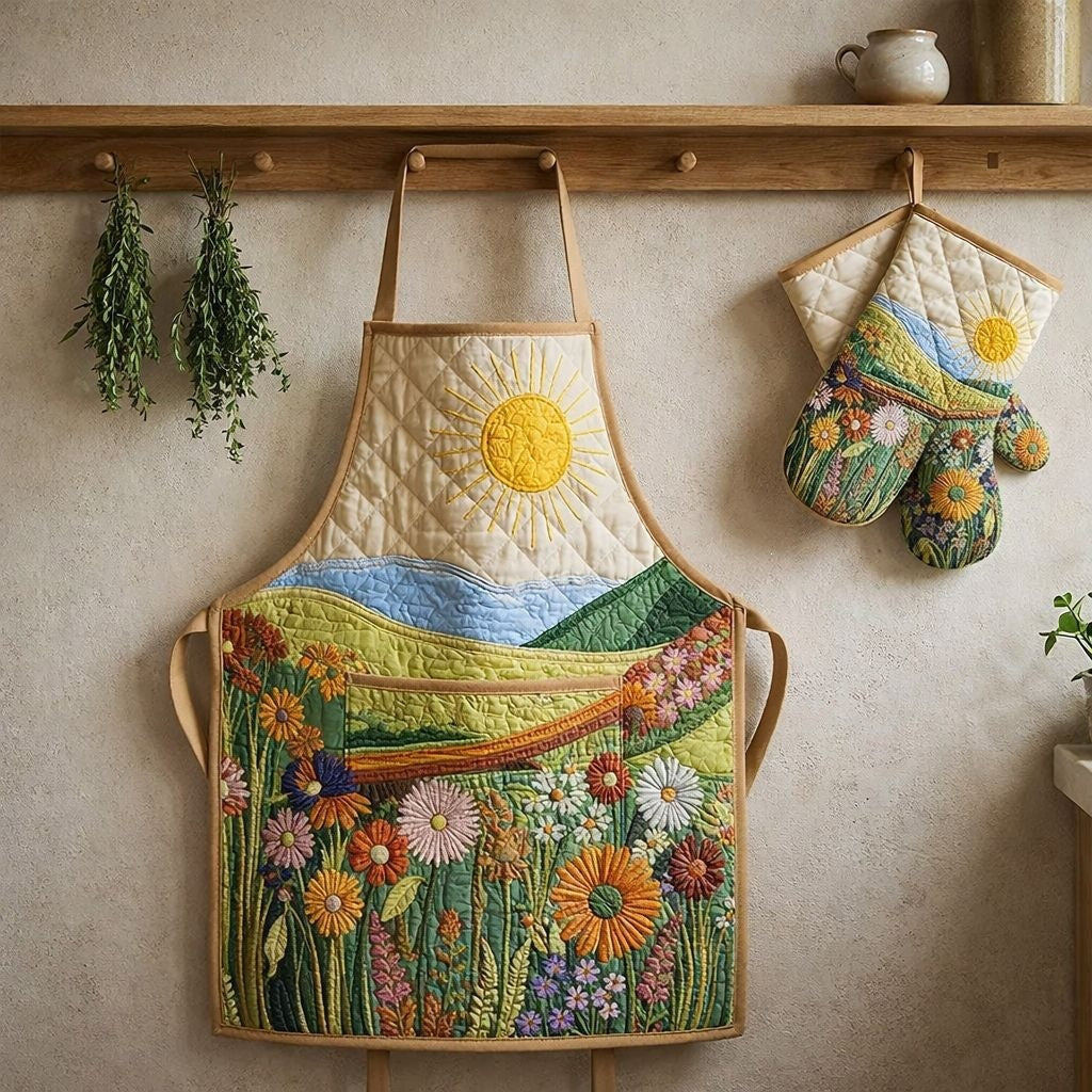 Millie quilted apron and oven mitt set with a smiling sun over rolling hills and a wildflower meadow